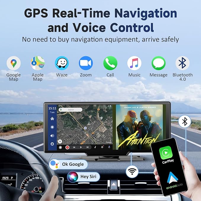 Wireless Portable Carplay Screen for Car - 10.26Inch Carplay & Android Auto Car Touch Stereo, with 4K Dash Cam, Backup Camera,Bluetooth,GPS Navigation