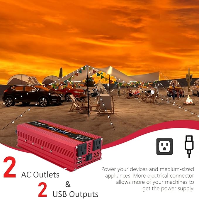 Power Inverter 1000W/2000W (Peak) Dual AC Outlets and Dual USB Charging Ports DC 12V to 110V AC Car Converter with Digital Display