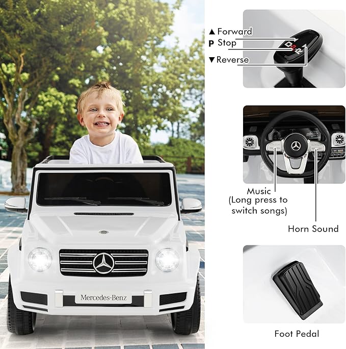 HONEY JOY Ride On Car, 12V Licensed Mercedes Benz G500, Battery Powered Ride On Truck, Lights, Music, Rocking Mode, Slow Start, Electric Cars for Kids Boys Girls (White)