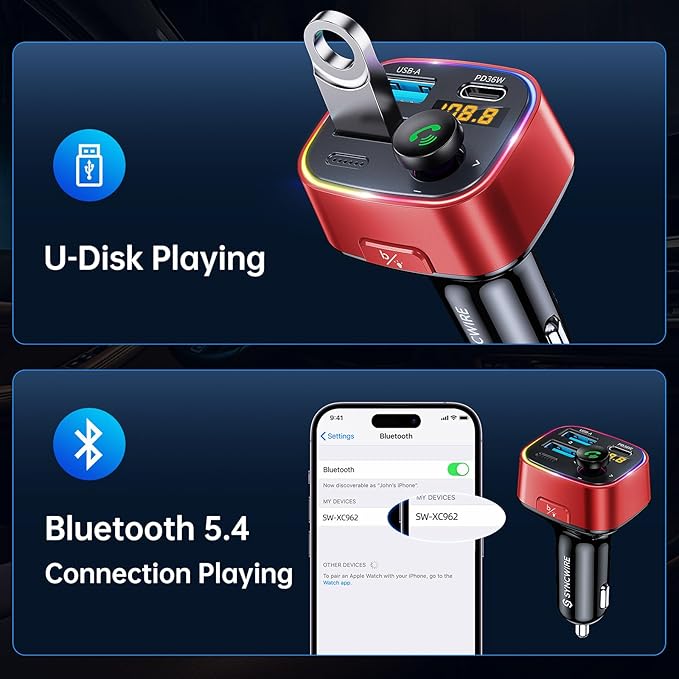 Syncwire Bluetooth 5.3 FM Transmitter Car Adapter 48W (PD 36W & 12W) [Light Switch] [Hi-Fi Deep Bass] [Fast Charge] Wireless Radio Music Adapter LED Display Hands-Free Calling Support USB Drive, Red