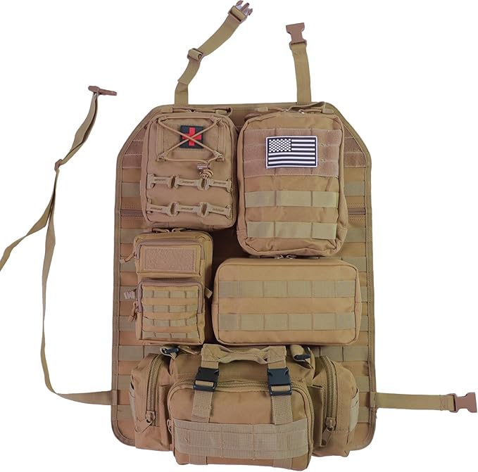 Universal Tactical Seat Back Organizer Vehicle Molle Panel Organizer Storage Bag with 5 Detachable Molle Pouch for All Vehicel Such as Jeep,Truck,SUV, Car, Ford,Chevy etc