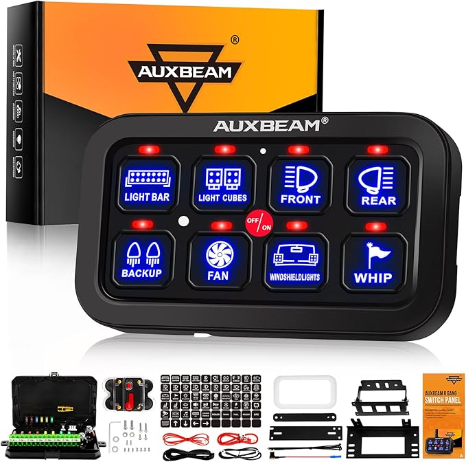 Auxbeam 8 Gang Switch Panel BA80, Universal Circuit Control Relay System Box with Automatic Dimmable On-Off LED Switch Pod Touch Switch Box for Car Pickup Truck Boat UTV ATV, Blue 2 Years Warranty