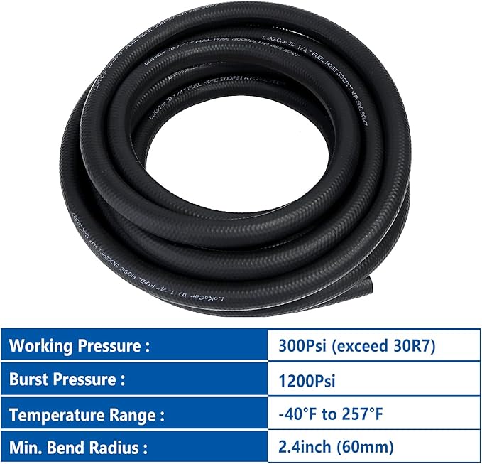 LokoCar Rubber Fuel Hose Line Push Lock 1/4" ID SAE 30R7 NBR 25ft 300PSI Black