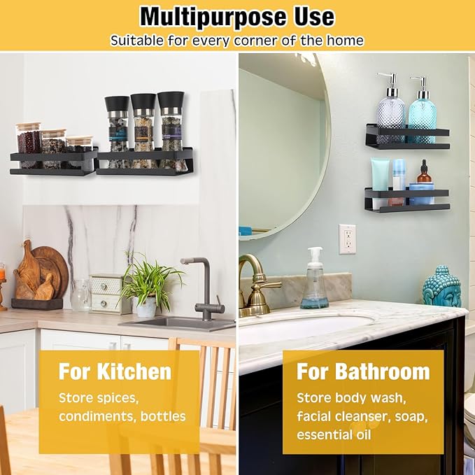 Lallisa 2 Pieces Stainless Steel Shelf Bathroom Shower Floating Shelves Wall Mounted Shower Caddy Basket Shelf Storage Organizer Shelves for Bathroom, Kitchen, Living Room (7.87 Inches/ 20 cm,Black)