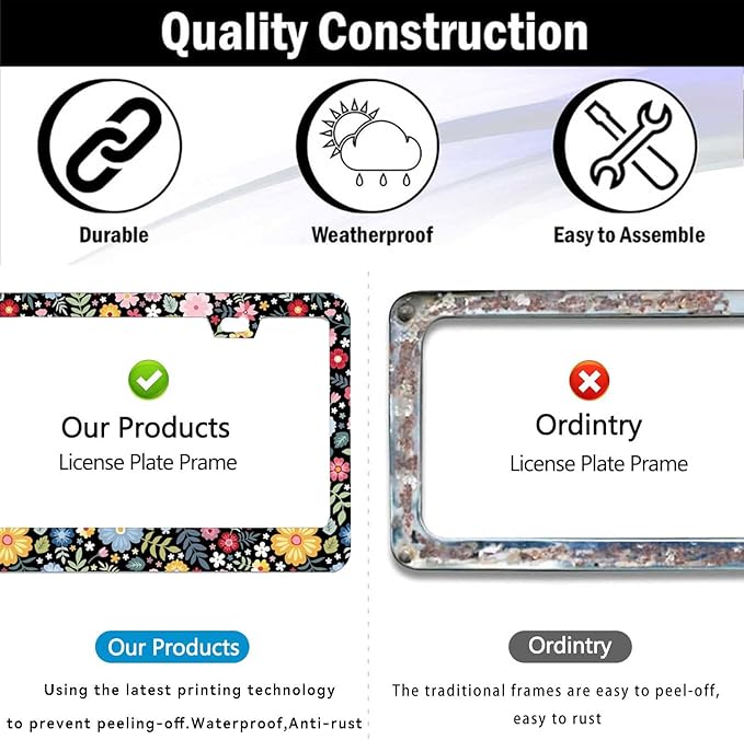 2 Pack Universal Retro Colorful Flowers License Plate Frame - Heavy Duty Rustproof Aluminum Matte Black Car Tag Holder Bracket Fits All Vehicles, Easy Install with Screws Included
