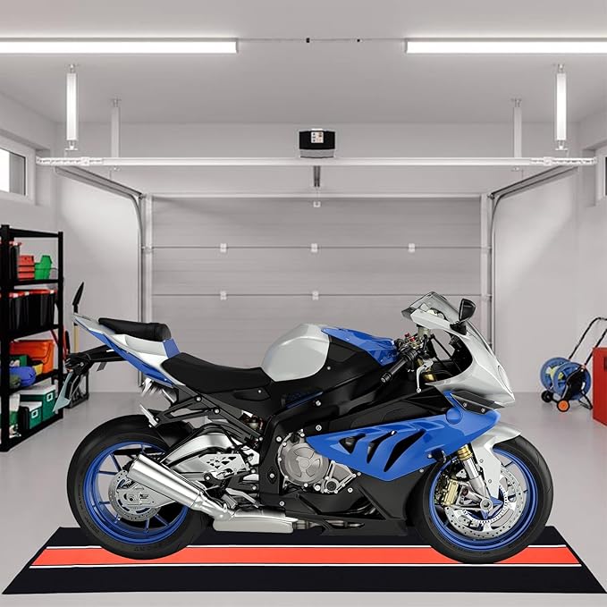 Motorcycle Mat 98 x 31 Inch Garage Floor Rug Washable Parking Mats for Garage Floors Non Slip Oil Absorbent Pad Rubber Backing Layer Protects Floor from Spills Drips Stains(Stripe Style)