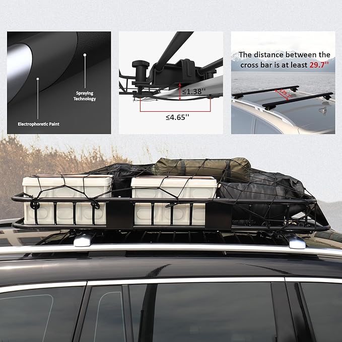 FORWODE Roof Rack Carrier Basket, 64" x 39" Rooftop Cargo Carrier with 250 lbs Capacity, Rust-Proof Steel Heavy Duty Car Top Luggage Basket with Waterproof Cargo Bag,Net for SUV Truck Cars