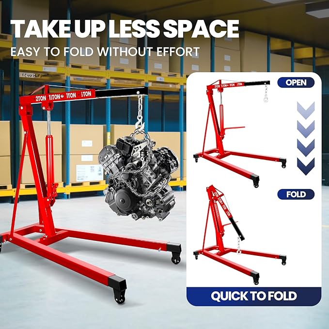 2 Ton Engine Hoist, Carbon Steel Cherry Picker Engine Hoist with 4 Casters, Hydraulic Engine Crane Hoist Cherry Picker Shop Crane for Garage Factory Warehouse, Red