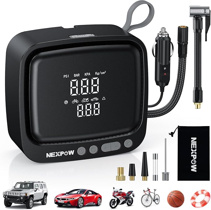 Tire Inflator Portable Air Compressor, NEXPOW 150PSI 12V DC Air Pump with Dual Digital Pressure Gauge & Auto Shut-Off, Air Compressor Portable with LED Light for Car, Motorcycle, Bicycle, Ball, Gray