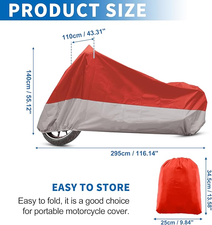 X AUTOHAUX Motorcycle Cover for Harley Davidson for Honda for Suzuki All Season Waterproof Sun Outdoor Protection Motorbike Cover Fits Up to 116.14'' Motorcycles Cover XXXL Red Silver Tone
