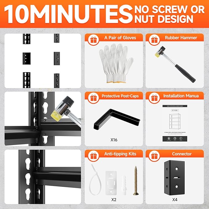 5 Tier 60”D X 24”W X 78”H Garage Shelves Heavy Duty 3000LBS Adjustable Metal Storage Shelves for Garages Shops and Basements (Black)
