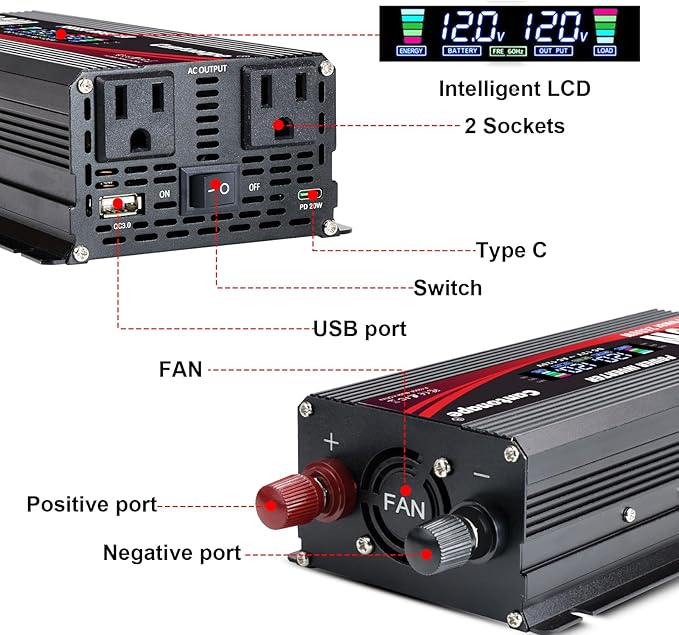 1200W/2400W(Peak) Power Inverter DC 12V to 110V/120V AC Converter with LCD Display Dual AC Outlets 3.0A USB and Type-C Car Inverter for Truck Vehicles Laptop Trip