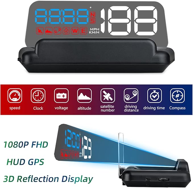 Universal Car HUD Head Up Display T900, with Satellite Clock, Single Driving Time and Single Driving Distance, Work for All Vehicles