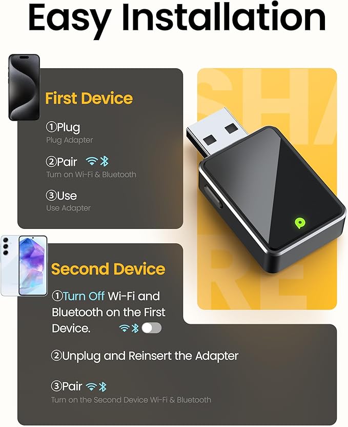 Wireless CarPlay Adapter, One Click Multi Device Switching Seamless Connection, Convert Wired to Wireless carplay, Compatible with iOS 10+, Android 11+, 2018 and Later Models