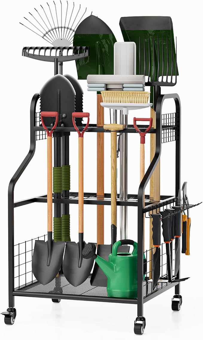 FZK Garden Tool Organizer,Heavy Duty Steel Yard Tool Organizer for Garage,Up to 49 Long-Handled Tools, Garden Tool Storage with Wheels,Garden Tool Organizer for Garage,Black