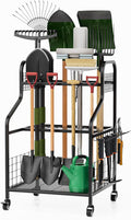 FZK Garden Tool Organizer,Heavy Duty Steel Yard Tool Organizer for Garage,Up to 49 Long-Handled Tools, Garden Tool Storage with Wheels,Garden Tool Organizer for Garage,Black