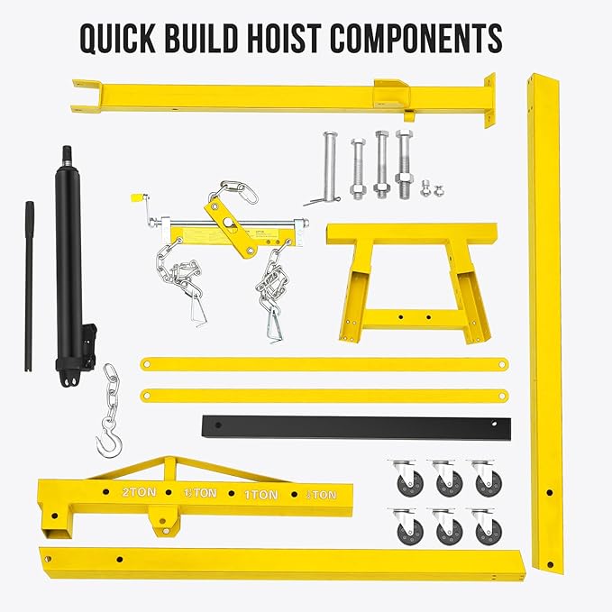 2 Ton Hydraulic Engine Hoist with Lever Stabilizer , Cherry Picker Engine Hoist, 4400LBS Heavy Duty Garage Crane with 6 Swivel Casters & Adjustable Telescopic Boom, for Auto Repair & Workshop (Yellow)