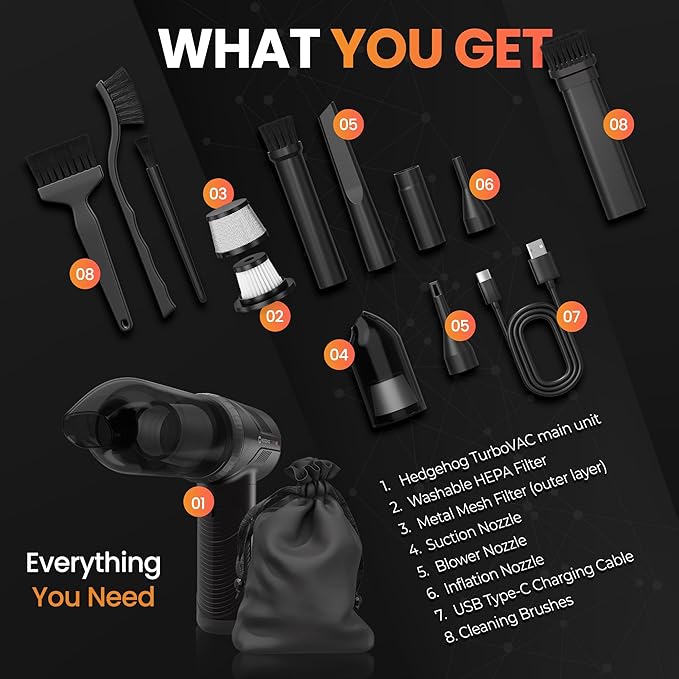 Hedgehog TurboVAC 3 in 1 Portable Car Vacuum Cleaner, Blower & Air Pump - Hand Held Vacuum Cleaner for Car with USB C Rechargeable, 14000PA Powerful Suction, Lightweight Dust Buster for Home & Outdoor