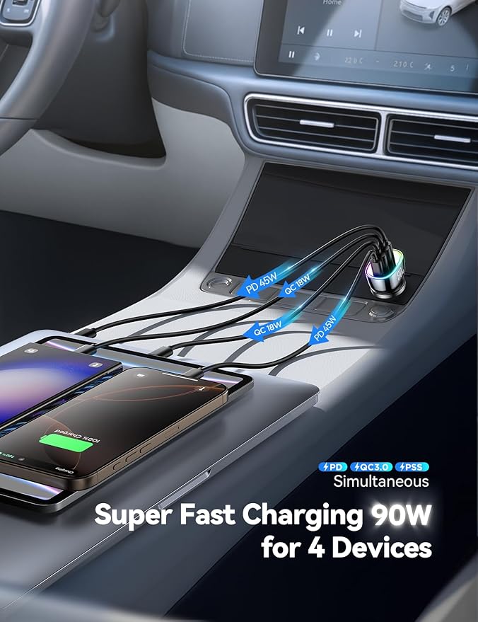 JOYROOM Car Charger USB C, 90W 4 Port Car Charger Adapter for iPhone 16 Fast Charging, Road Trip Essentials Fast Cigarette Lighter Adapter, Truck Car Accessories for iPhone15/14 Pro, Samsung S25/S24