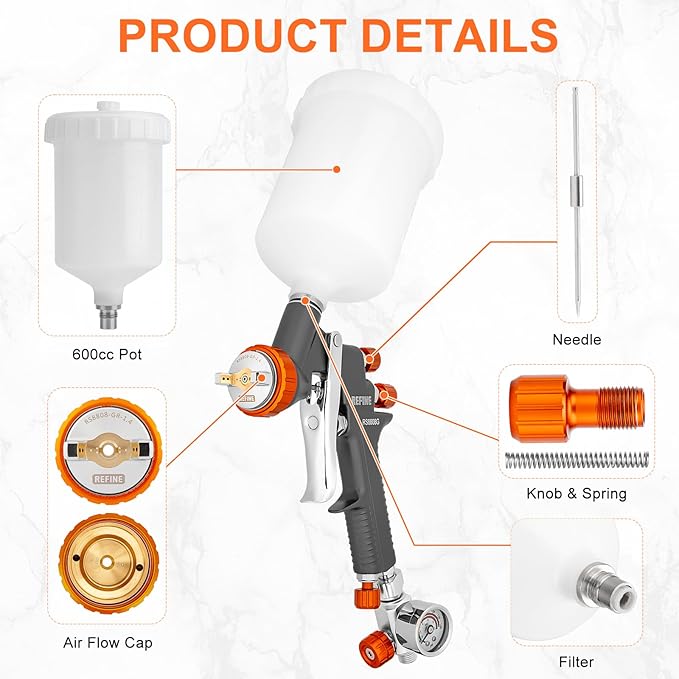 REFINE Air Spray Gun, Auto Paint Gun with 1.4mm Nozzle, Easy to Use Gravity Feed Paint Spray Gun, Professional Auto Body Paint Sprayer for Cars, House, Furniture Painting with Air Pressure Gauge