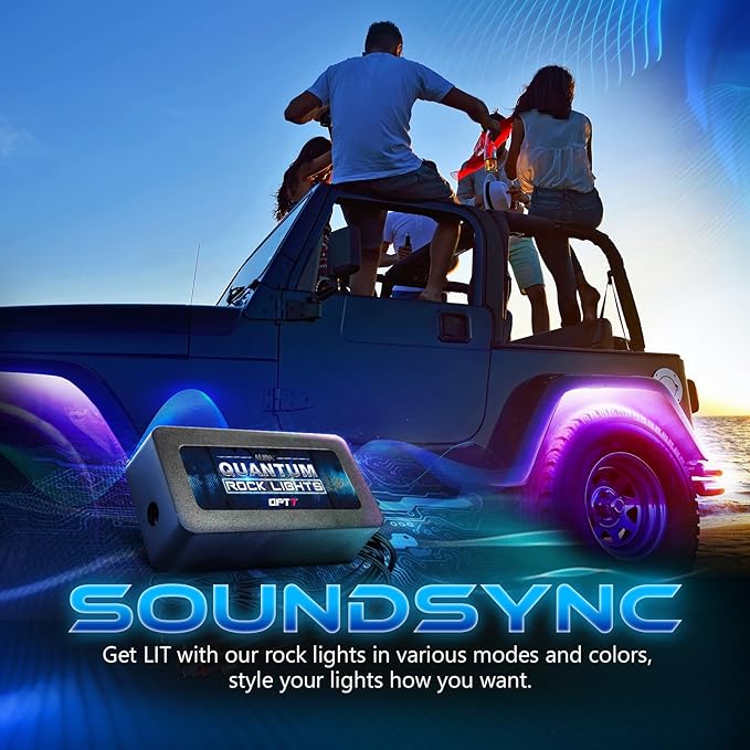 OPT7 Quantum RGBW LED Rock Lights with Remote Control, 4 Pods Wide Angle Multicolor Neon Underglow Lighting Kit with Extension Wire, IP68 Waterproof for Offroad Truck Jeep RZR ATV UTV SUV