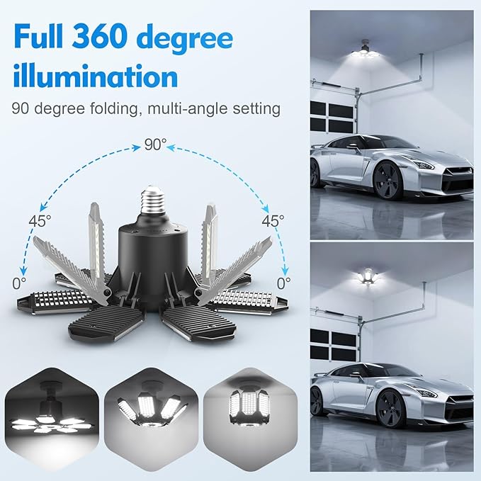 TANBABY Garage Lights, 250W Deformable Ceiling LED Shop Lights, 20000LM LED Light 6500K Garage Lighting 7+1 Adjustable Panels Bulb