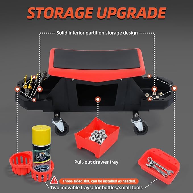 YITAHOME Detailing Stool with Wheels, Mechanics Seat With 2 Removable Trays and Drawer, Heavy Duty Rolling Garage Stool 330 LBS Capacity, Rolling Tool Seat for Automotive Auto Repair Car Wash Upgraded