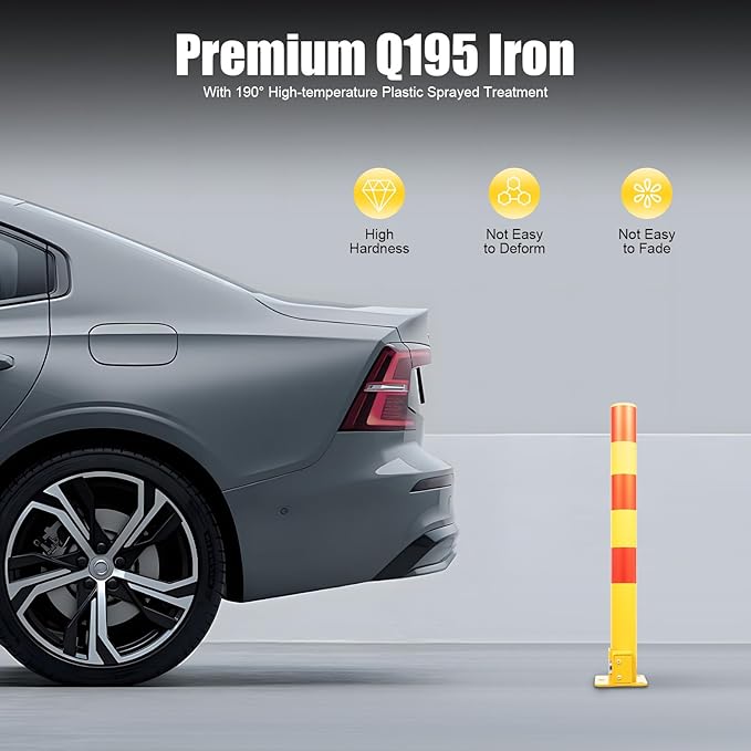 23In Q195 Iron Pipe Safety Bollard Yellow & Red Parking Barrier, Automatic Locking Folding Metal Post with Warning Stripes for Lots, Storefronts, Entrances