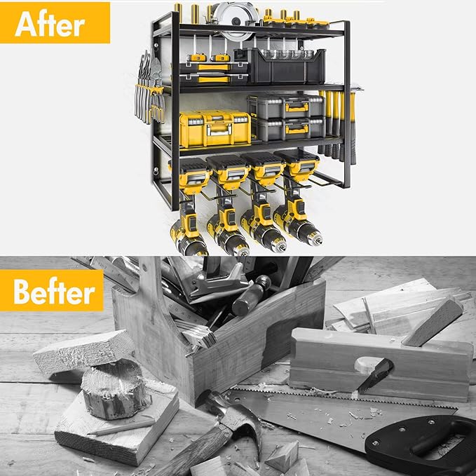 Wall Mount Power Tool Organizer, 4 Layer 4 Drill Hangers Storage Rack, Tool Organizers and Storage for Garage, Workshop, Pegboard, Shed - 16 inch