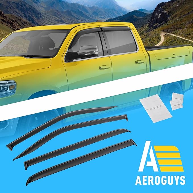 Extra Durable Window Deflectors Tape-On Window Visors Rain Guards Fit for Dodge Ram 1500 (New Body Style) 2019-2025 Crew Cab, Sun Visors, Wind Vent for Shades, Exterior Car Accessories - 4pcs. AG0717