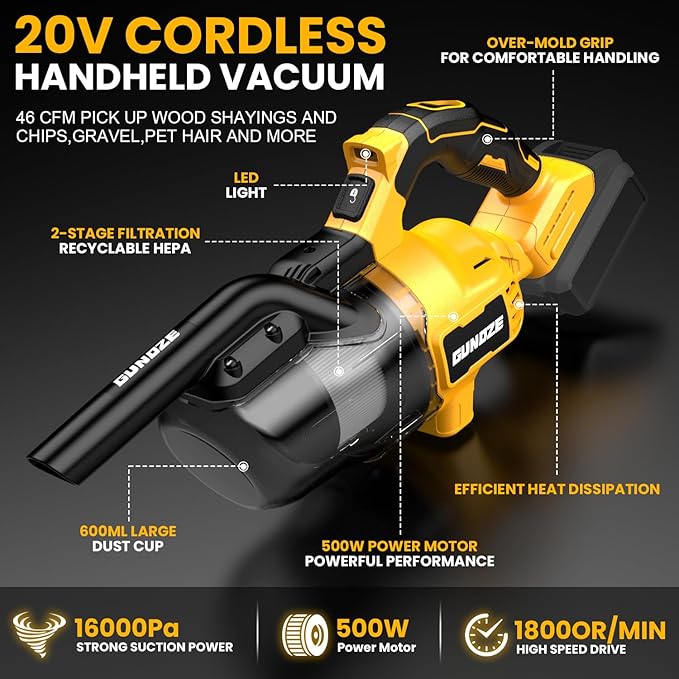 Cordless Vacuum for Dewalt 20V Battery, 5 in 1 Handheld Electric Vacuum Cleaner with 500W Powerful Motor, 46 CFM Portable with 2 Filtration HEPA for Home, Floor, Carpet, Car (Tool Only)