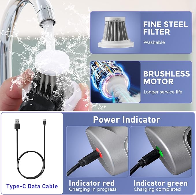 Saker Handheld Vacuum Cleaner Car - Wireless Mini Vacuum Cleaner 3 in 1 Multifunctional Brushless Motor 12000PA with USB-C,Portable Handheld Car Vacuum Cleaner for Keyboard Cleaning, Outdoor and Home