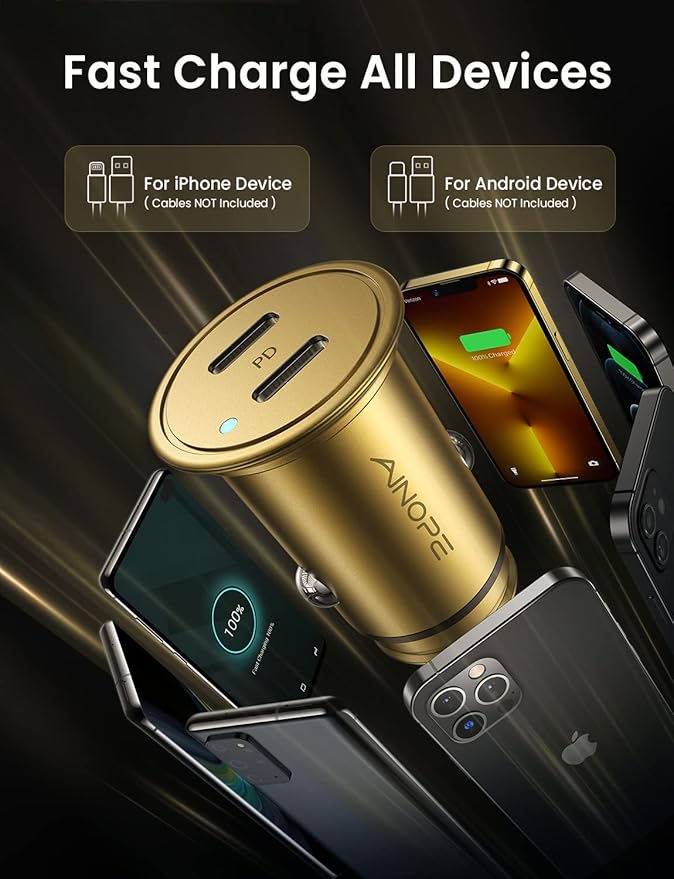 AINOPE Super Fast USB C Car Charger, 56W Fast Charging, Smallest All Metal 12V Car Charger USB C Fit for iPhone 16 Pro Max, Galaxy S24, 2024 iPad Pro - Gold