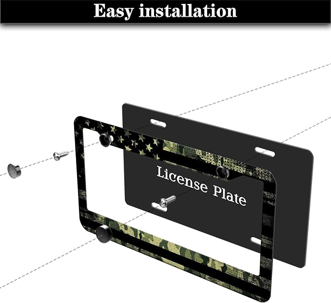 License Plate Frame Multicolor License Plate Holder USA Flag Black Camo Universal Aluminum Car Accessory 2 Pack with Screw Covers Set