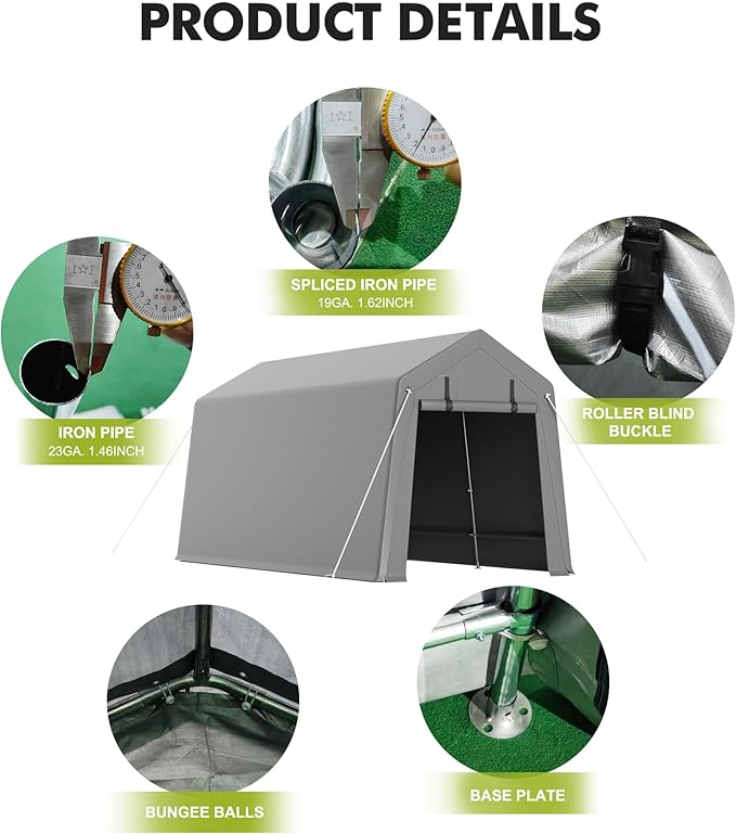 7 x 12 ft Carport Storage Shed, Portable Garage with Roll-up Zipper Door, Heavy Duty Waterproof Tarp, Storage for Motorcycle, Bike, Firewood, Garden Tools