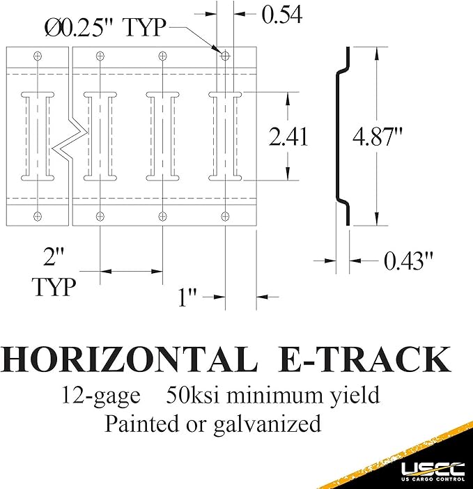 US Cargo Control E Track, Made in USA, 12 Gauge Steel 5 FT Galvanized E Track Rail (100-Pack) Horizontal ETrack Rails for Trailers, Garages, Cargo Vans, 6,000 Pounds Break Strength Per E-Track Slot