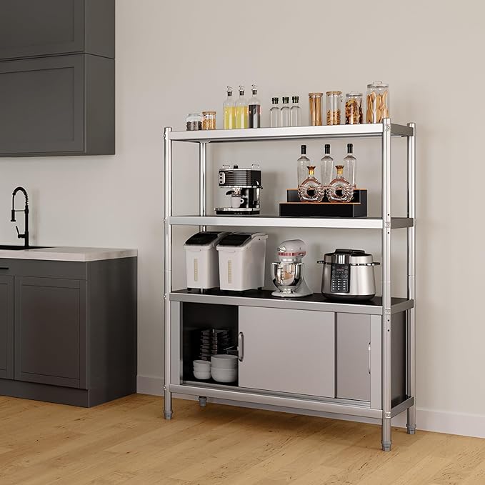 YITAHOME Stainless Steel Shelves 4 Tier, 48x18x60in Storage Shelf Unit with Cabinet, NSF Heavy Duty Floor Mount Shelving for Kitchen Garage Office Restaurant Warehouse, Indoor
