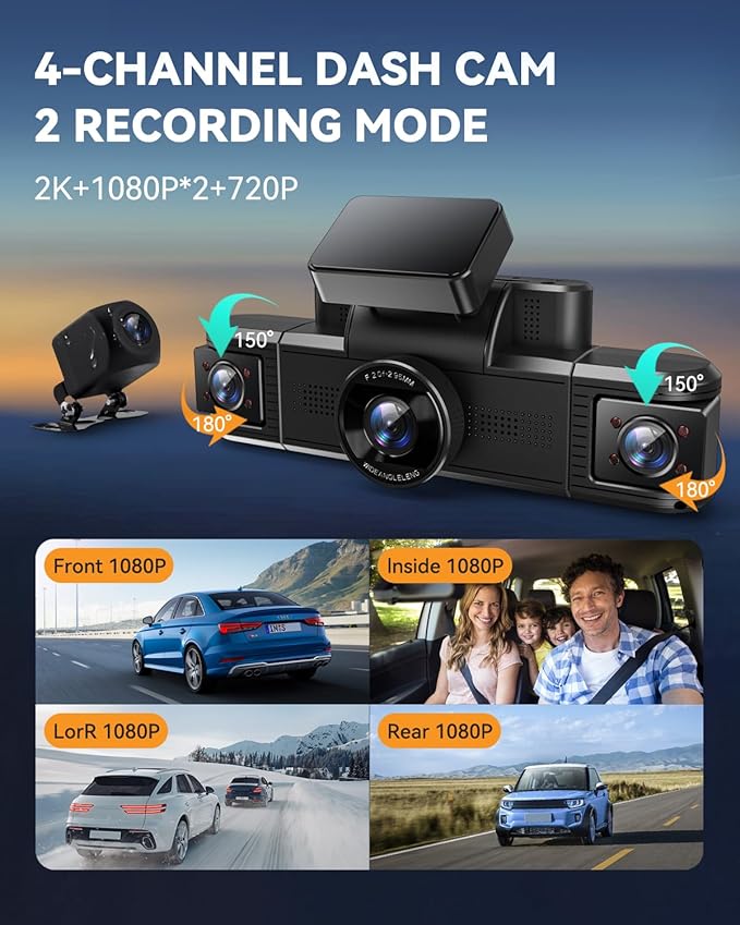 4 Channel Dash Cam 360° View, Front and Rear Inside Left Right, 2K Dash Camera for Cars, Built-in 5G WiFi & APP Control, Night Vision, G-Sensor, 24/7 Recording Parking Mode, with 64GB SD Card
