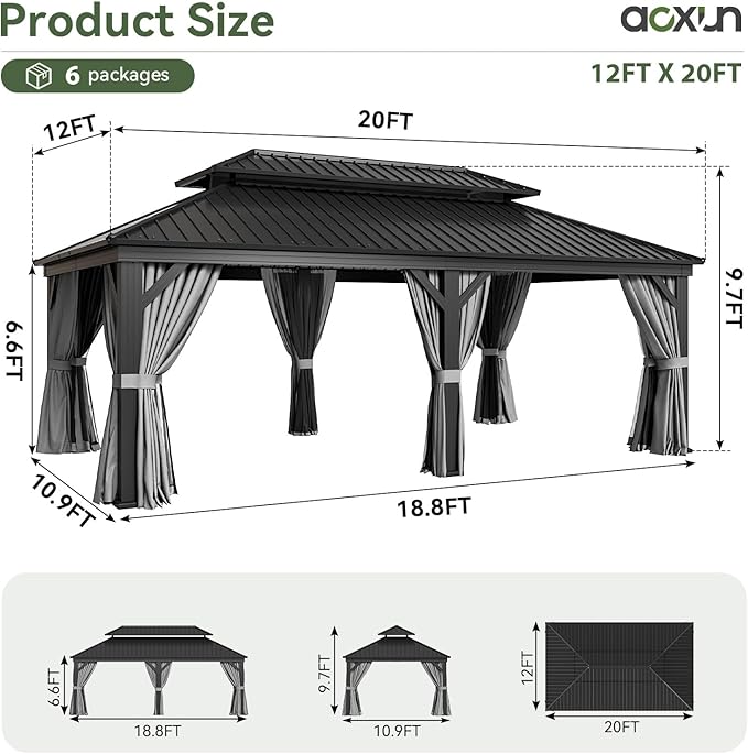 Aoxun 12' X 20' Hardtop Gazebo, Aluminum Outdoor Gazebo with Galvanized Steel Double Roof, Patio Permanent Metal Pavilion with Netting, for Garden, Deck, Grey, Square Foundation