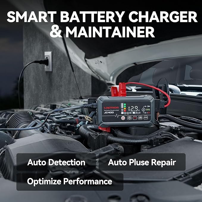 JC400 9-in-1 Battery Charger and Jump Starter, 2500A 12V Portable Jump Box for Car Upto 8.5L Gas/6.5L Diesel, 750mA/1A/2A, 6V/12V Automotive Battery Maintainer, Trickle Charger and Desulfator