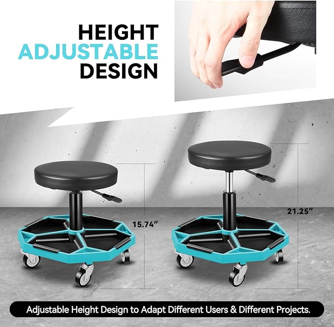 Auto Dynasty Mechanic Stool, Adjustable Rolling Pneumatic Creeper Garage Shop Seat with Tool Tray, 300 LBS Roller Seat for Workshop Auto Repair, Adjustable Height 15.7" to 21", Sky Blue