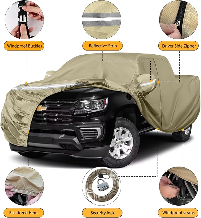 Waterproof Truck Covers Replace for 2005-2025 Toyota Tacoma Double Cab 5ft, Multilayer Heavy Duty with Cotton Liner All Weather Car Cover with Zipper Door, Windproof Bands for Snow Rain Protection
