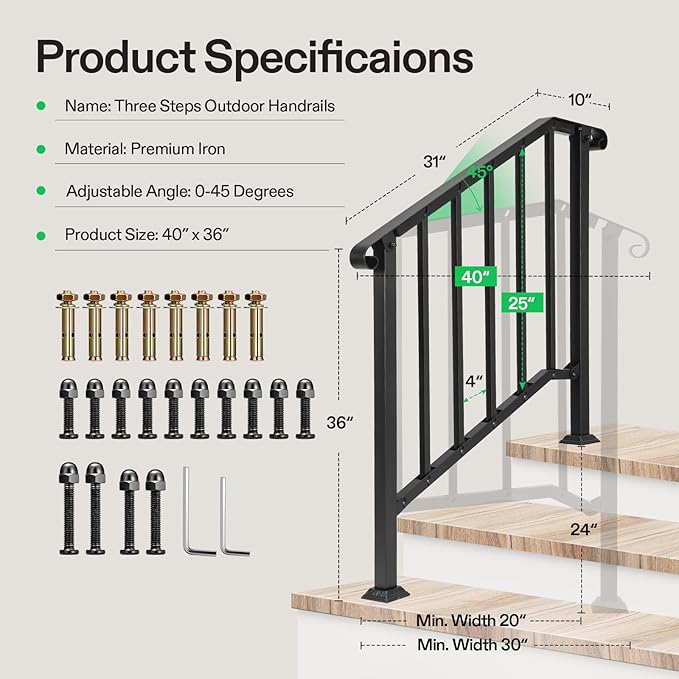 VIVOSUN Outdoor Handrail, 3 Step Stair Handrail, 40" x 36" Fits 1 to 3 Steps, Wrought Mattle Iron Stair Railing with Curved End and Balusters for Concrete Step, Porch Steps, One-Step Assembly, Black