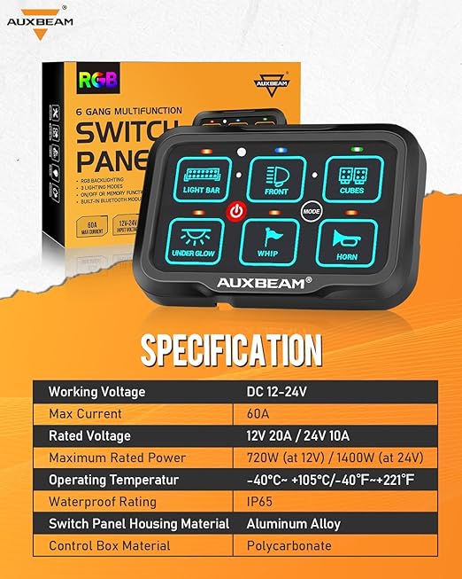 Auxbeam 6 Gang Switch Panel Bluetooth AR-600 RGB Large Button Auxiliary Switch w/Toggle Momentary Pulsed Switch Pod Backlit Off Waterproof 12-24V Panel Pod for UTV Boat Truck RV 2 Years Warranty