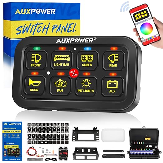 Auxpower RGB 8 Gang Switch Panel with App Control Turn On/Off Momentary Pulsed Multifunction 12V Switch Panel for Truck Circuit Control Relay System Switch Panel Waterproof for Car Boat Truck RV