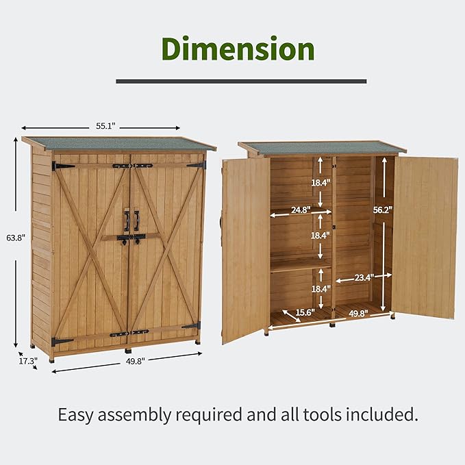 MCombo Outdoor Storage Cabinet with Shelves, Wood Garden Shed with Floor, Outside Tool Shed with 2 Lockable Doors for Yard Patio Lawn, 1400 (Natural)