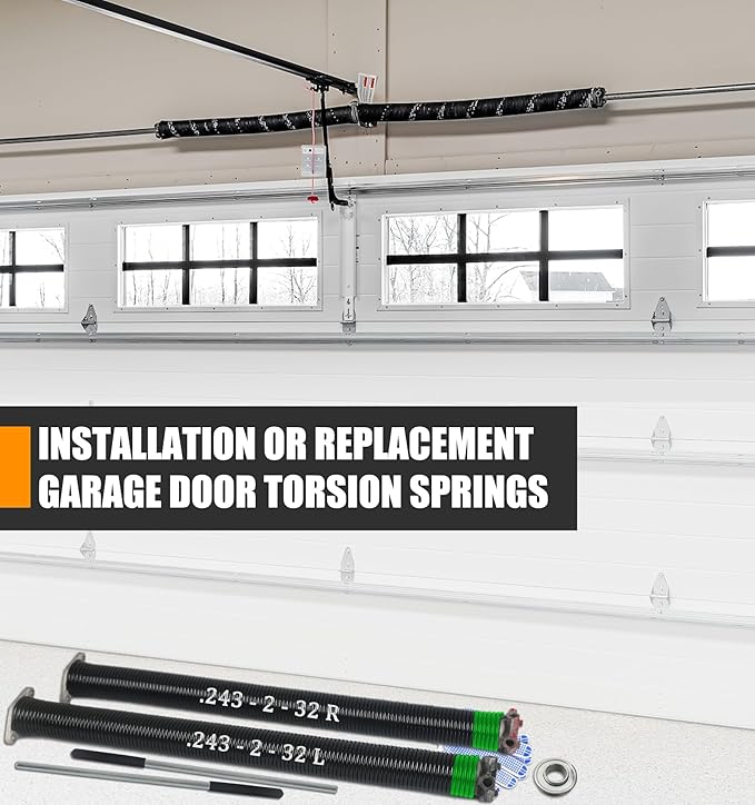 Garage Door Torsion Spring Set, Pair of 2" Electrophoresis Coated Garage Door Spring Replacement with 2 Non-Slip Winding Bars and Bearing, Minimum 16000 Cycles (.243x2x32")
