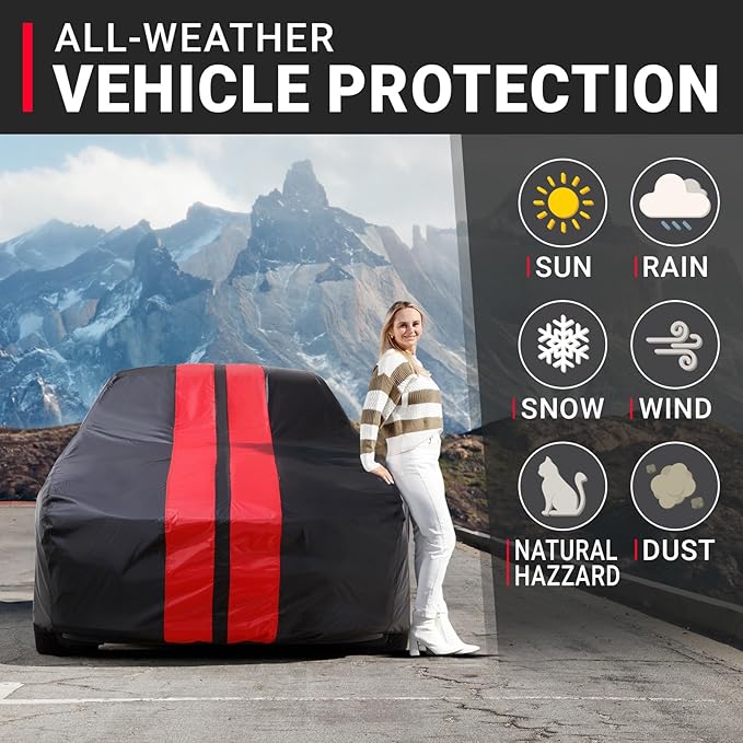 iCarCover Custom Car Cover for Chevy Kingswood (1969-1973) Waterproof All Weather Rain Snow UV Sun Protector Full Exterior Indoor Outdoor Car Cover (Stripe - Black/Red)