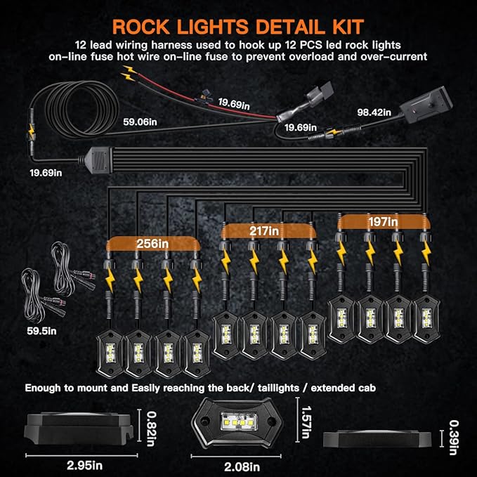 R3 White LED Rock Lights Kit 12PCS with Switch Wire Harness for ATV UTV SUV Off Road RZR Trucks Underglow Pure White Lights Trail Rig Lights Under Body High Power Waterproof Shockproof Light