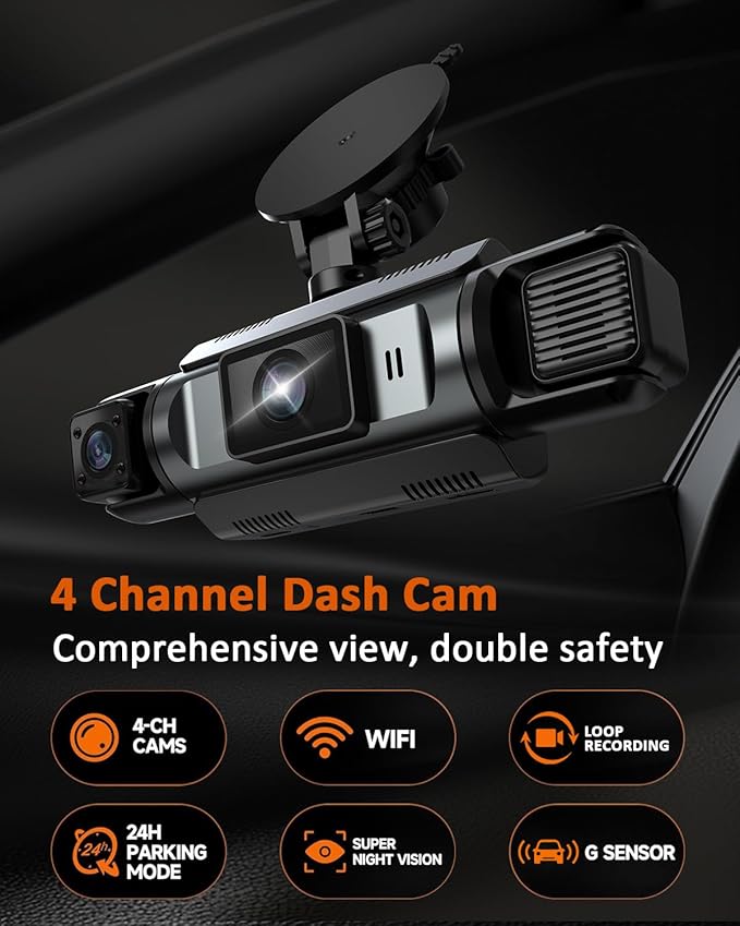 4 Channel WiFi Dash Cam with 32GB Card, 4 * 1080P Dash Camera for Cars Front and Rear Left Right,3”IPS Screen Dashcam with 360° Surveillance APP Control, 24H/7 Parking Mode,Night Vision G-Sensor